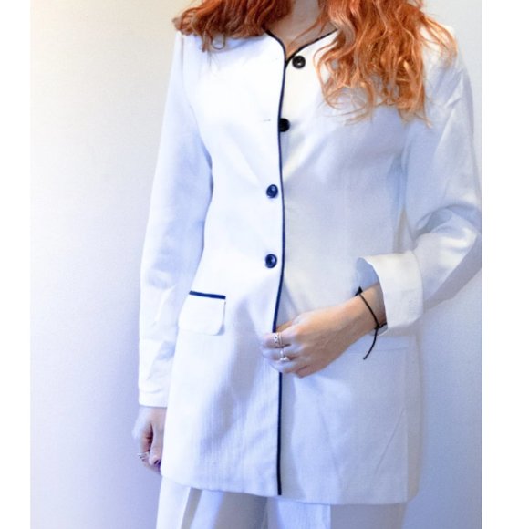 WHITE MINIMALIST SUIT - Mod Ribbed Power Suit Navy Trim - Trousers Pants Set - Picture 4 of 4